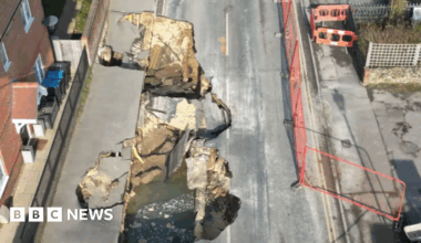 A drone image of the sinkhole in Godstone, Surrey.