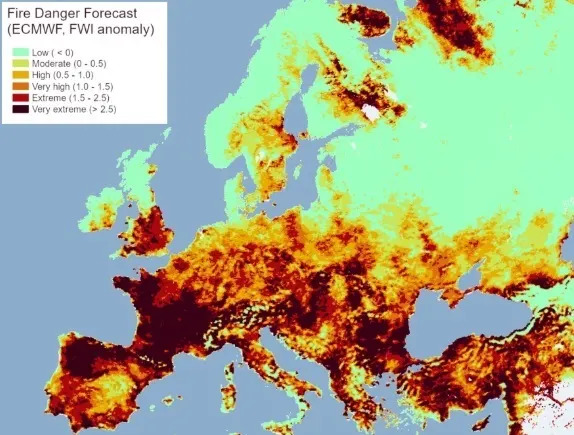 The fire danger threat for the next seven days, from the European Union's Copernicus Earth observation program. (EU)ccc