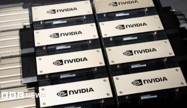 A Nvidia HGX H100 server arranged at the company's headquarters in Santa Clara, California, US.