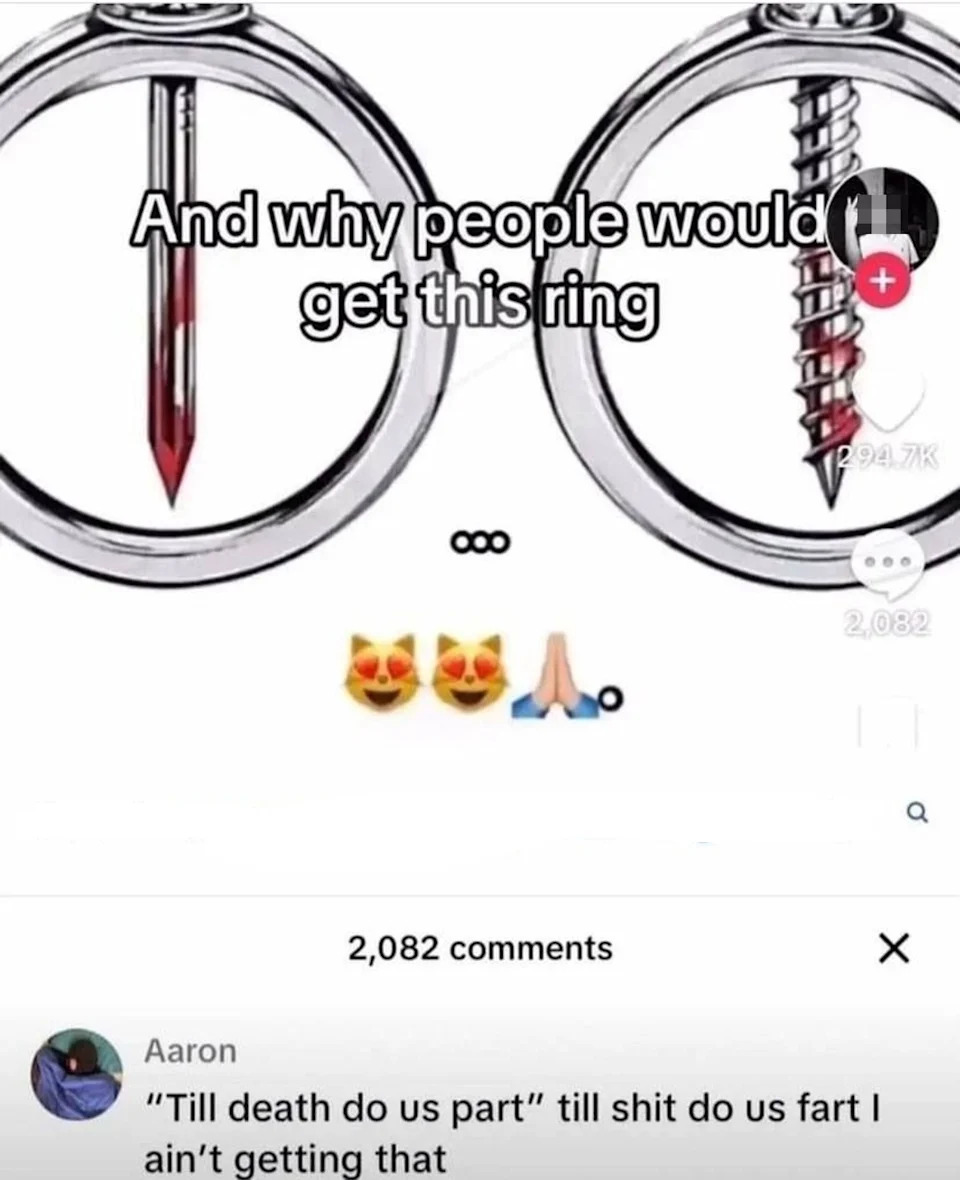 Megan Fox engagement ring meme showing images of a ring with sharp objects and comments: "Till death do us part" till sh*t do us fart I ain't getting that