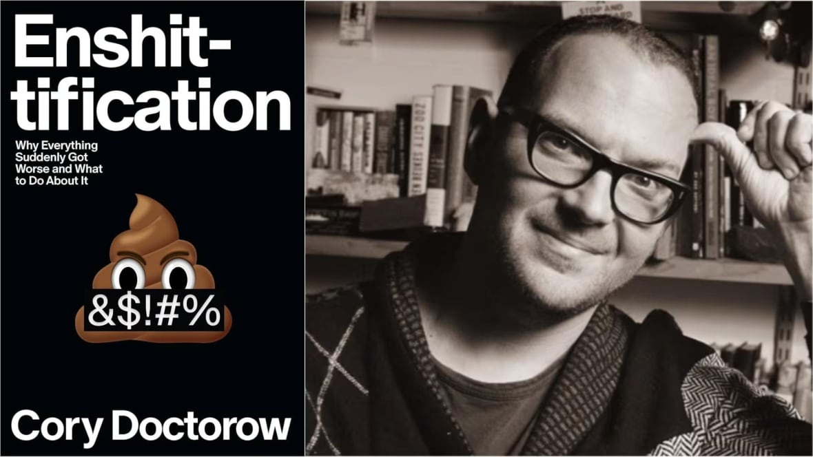 A photo composite featuring a black book cover with a poop emoji swearing on the left and a headshot photo of a man wearing black framed glasses on the right. 