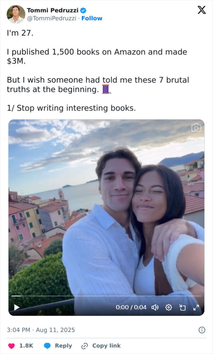 A 27-year-old entrepreneur using AI to publish books, making $3M with a coastal town and couple selfie background.