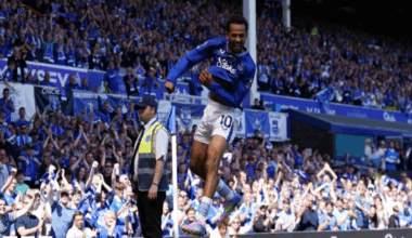 Everton's Iliman Ndiaye celebrates scoring against Southampton in front of packed stands at Goodison Park