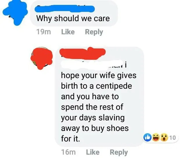 Social media exchange with a humorous comment wishing someone a centipede baby so they'd have to buy many shoes