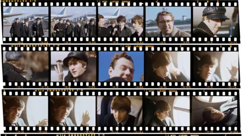 Paul McCartney, Courtesy Gagosian Titled: At London Airport (with Brian Epstein, Mal Evans, and Neil Aspinall) for Pan Am flight 101 to New York City, 7 February 1964. Three rows of five images in colour show snapshot moments boarding the flight. 