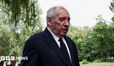 The French prime minister wears a dark jacket and a tie and with silver hair, in a garden with a backdrop of trees