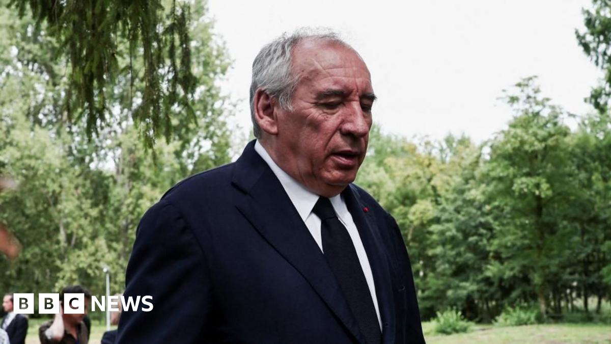 The French prime minister wears a dark jacket and a tie and with silver hair, in a garden with a backdrop of trees