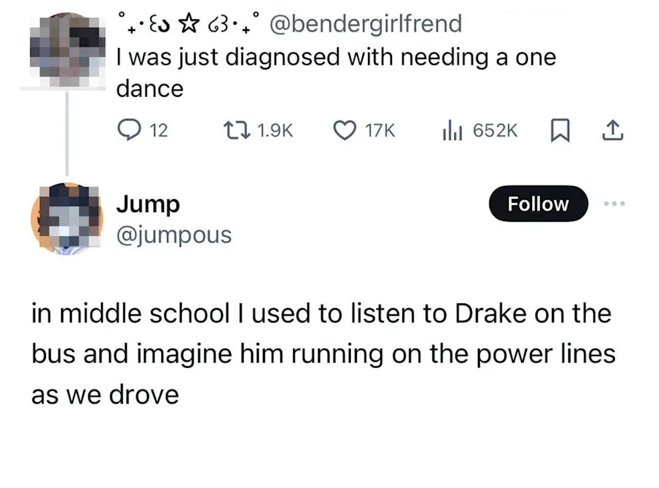 Two tweets: One shares a song lyric about needing a dance; another reminisces about imagining Drake running on power lines during bus rides