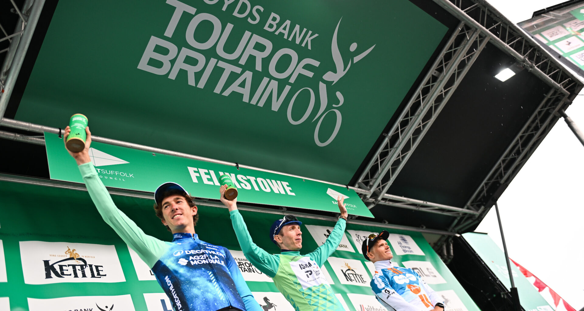Picture by Will Palmer/SWpix.com - 08/09/2024 - Lloyds Bank Tour of Britain 2024 - Stage 6: Lowestoft to Felixstowe - Stevie Williams (Israel - Premier Tech) Wins the Lloyds Bank Tour of Britain 2024, Oscar Onley (Team dsm-firmenich PostNL) take second and Tom Donnenwirth (Decathlon AG2R La Mondiale DT) takes third