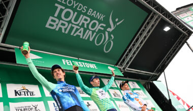 Picture by Will Palmer/SWpix.com - 08/09/2024 - Lloyds Bank Tour of Britain 2024 - Stage 6: Lowestoft to Felixstowe - Stevie Williams (Israel - Premier Tech) Wins the Lloyds Bank Tour of Britain 2024, Oscar Onley (Team dsm-firmenich PostNL) take second and Tom Donnenwirth (Decathlon AG2R La Mondiale DT) takes third