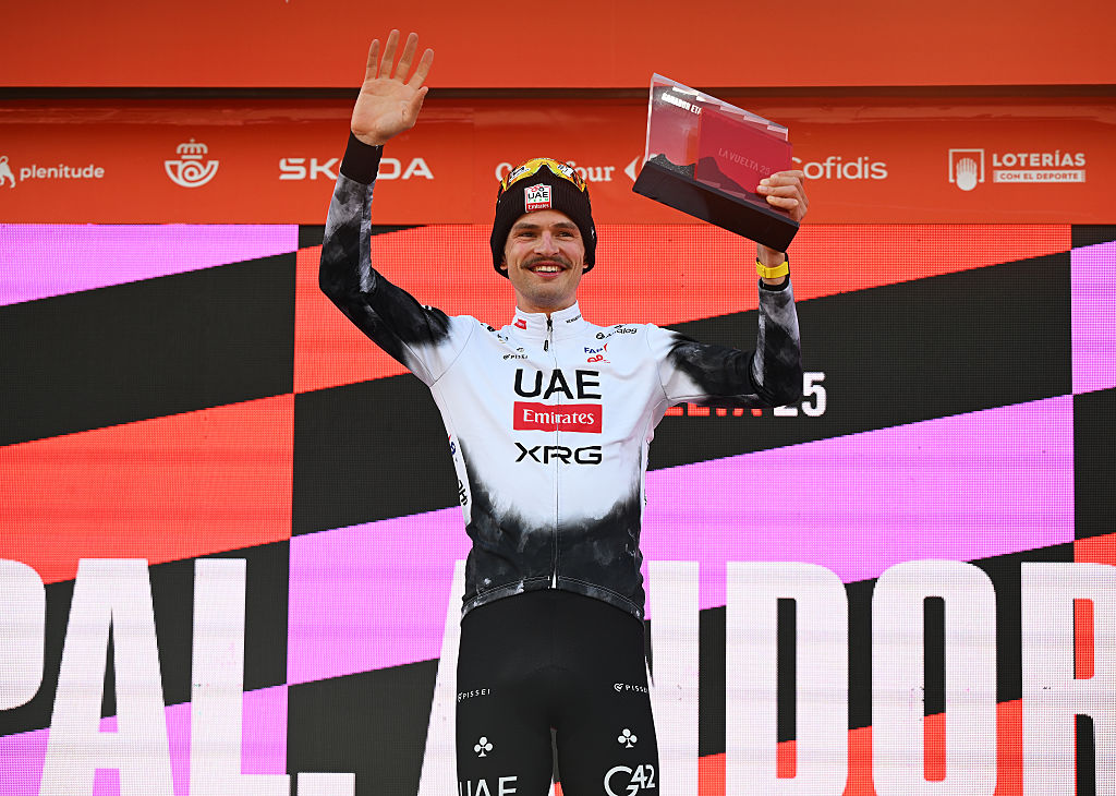 PAL, ANDORRA - AUGUST 28: Jay Vine of Australia and UAE Team Emirates - XRG celebrates at podium as stage winner during the La Vuelta - 80th Tour of Spain 2025, Stage 6 a 170.3km stage from Olot to Pal - Andorra 1900m / #UCIWT / on August 28, 2025 in Pal, Andorra. (Photo by Dario Belingheri/Getty Images)