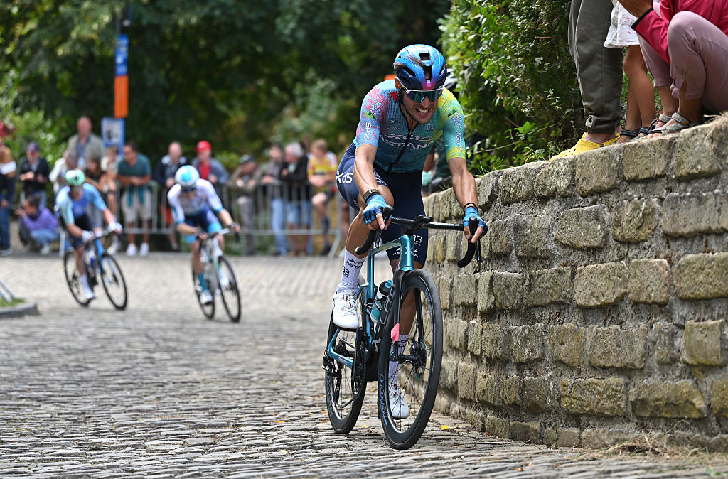 GERAARDSBERGEN, BELGIUM - AUGUST 22: Alberto Bettiol of Italy and XDS Astana Team competes passing through Wall of Geraardsbergen during the 20th Renewi Tour 2025, Stage 3 a 181.8km stage from Aalter to Geraardsbergen / #UCIWT / on August 22, 2025 in Geraardsbergen, Belgium. (Photo by Luc Claessen/Getty Images)