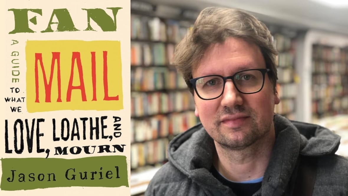 A photo composite of a book cover with green, mustard, pale yellow text on the left and on the right is a man wearing black framed glasses on the right. 
