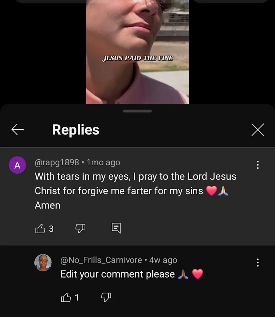 Social media post: @rapg1898 asks Jesus Christ for forgiveness, @No_Frills_Carnivore requests @rapg1898 to edit their comment. Image text: "JESUS PAID THE FINE."