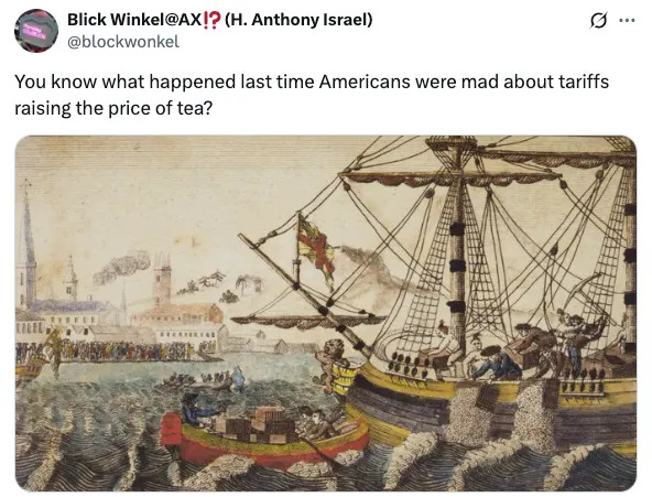 Historic illustration of the Boston Tea Party, where colonists protest taxes by dumping tea into the sea from a ship. Tweet references tariffs