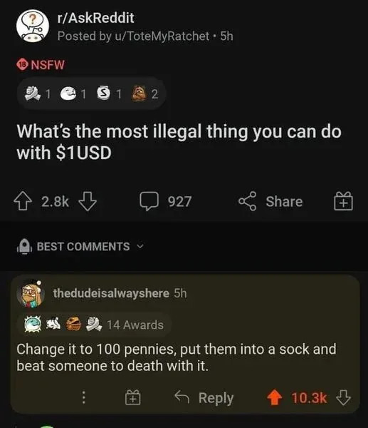 Reddit post about illegal activities with $1. Top comment suggests using pennies in a sock as a weapon