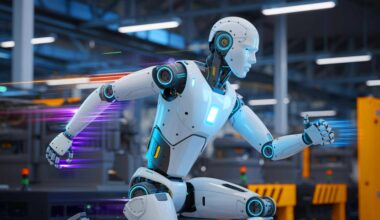 Illustration of the L7 humanoid robot by Robotera demonstrating its speed and dexterity in an industrial setting.