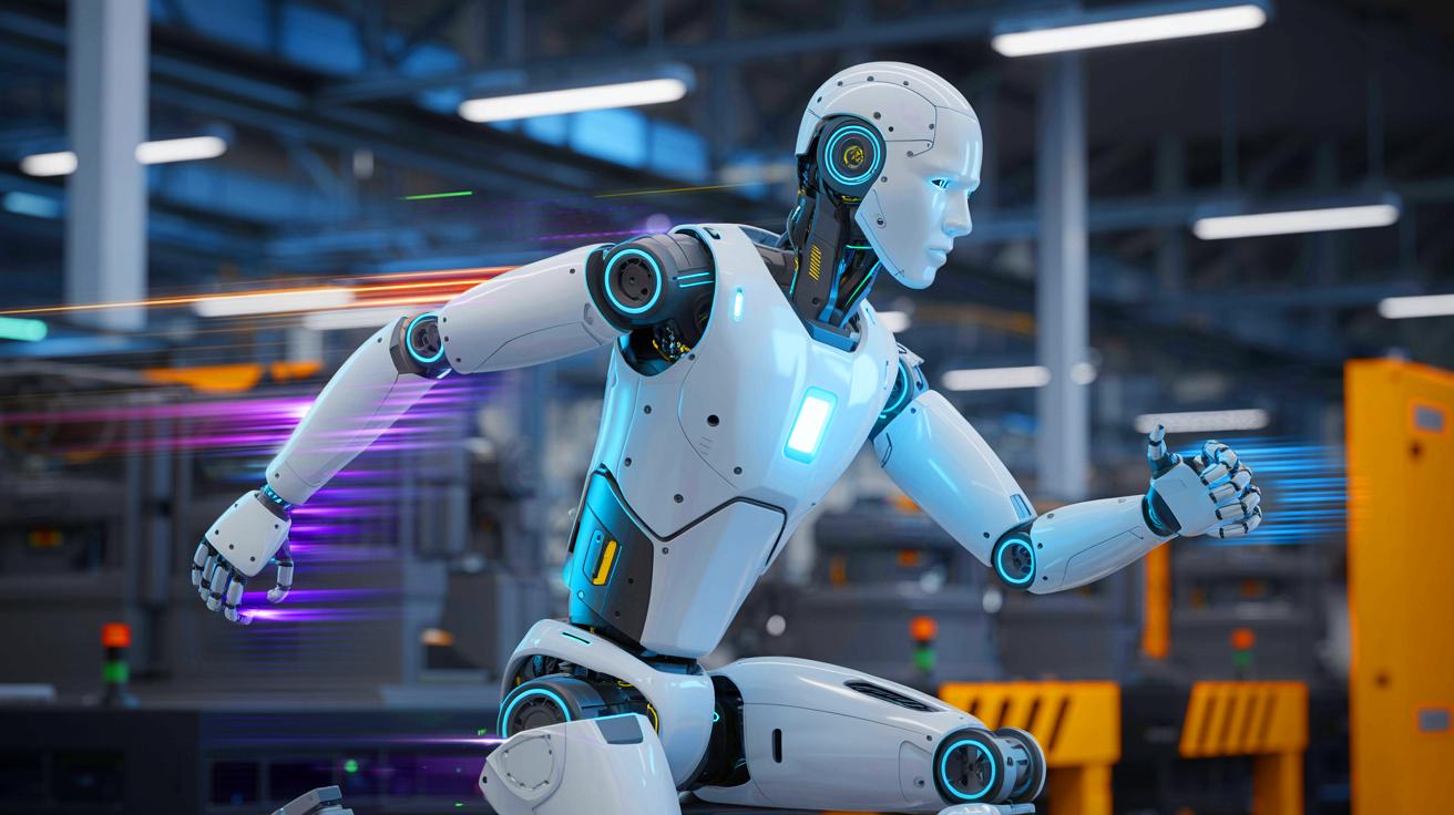 Illustration of the L7 humanoid robot by Robotera demonstrating its speed and dexterity in an industrial setting.