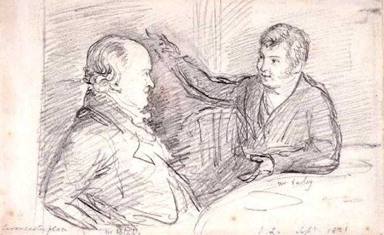 sketch of two men in animated conversation