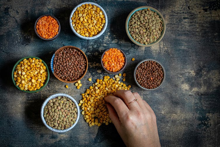 Legumes and seeds in bowls