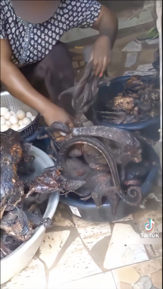 A woman lifts up dead animal carcasses from three buckets on the ground