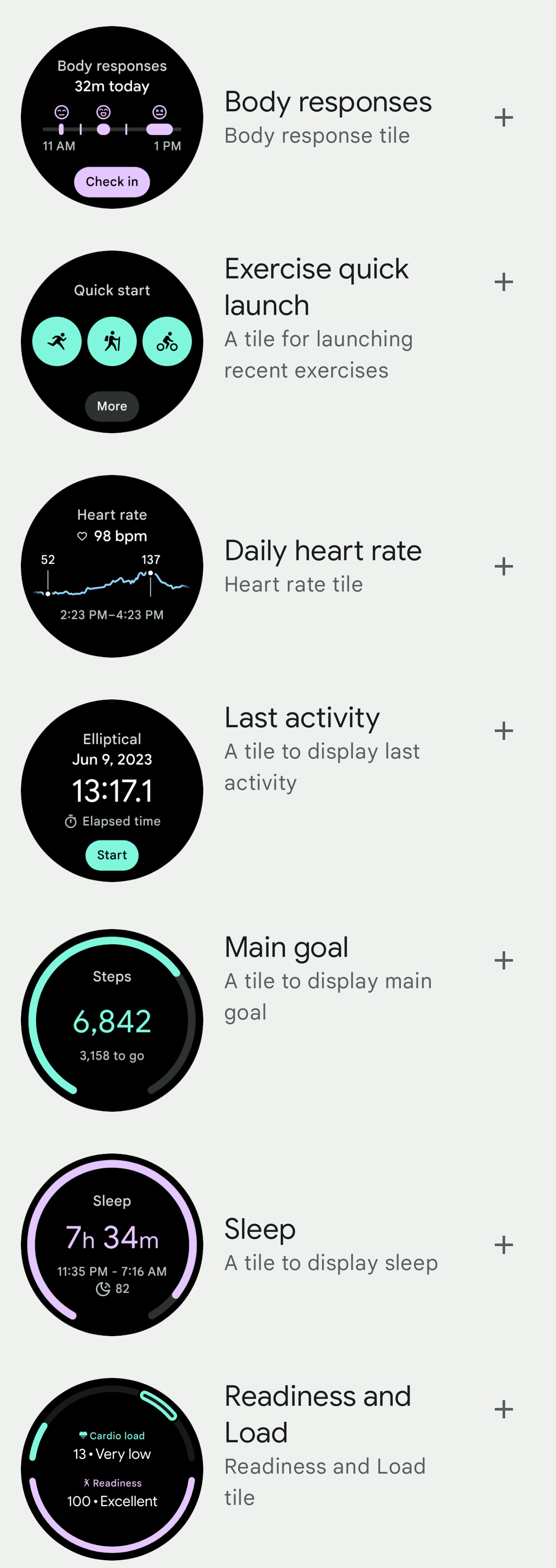 Screenshot from the Pixel Watch app for Android showing Fitbit's old/outgoing tiles.