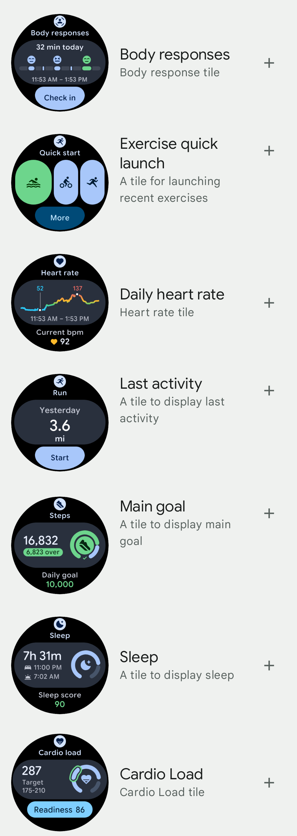 Screenshot of the new Material 3 Expressive tiles for the Fitbit app, as seen in the Pixel Watch app for Android.