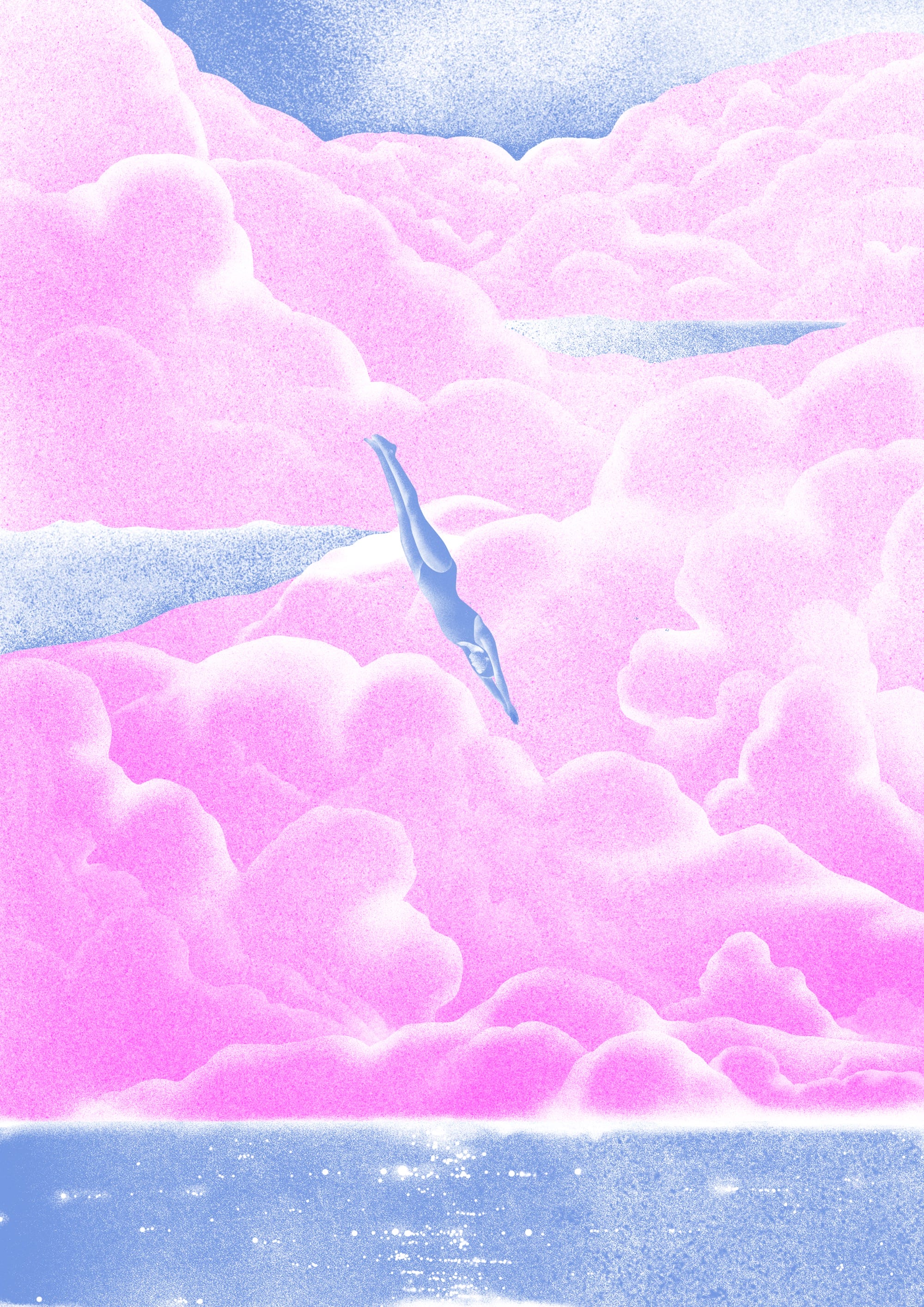 an illustration by Masha Foya of figures diving into a pool against a pink background