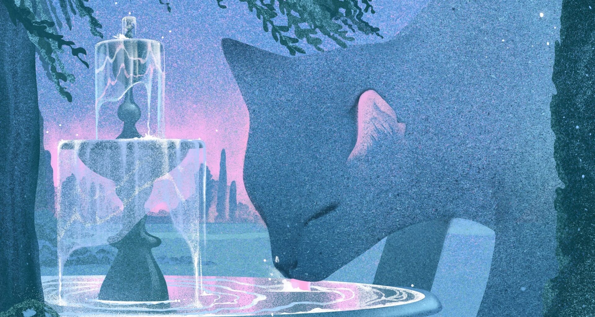 an illustration by Masha Foya of a giant cat drinking from a fountain