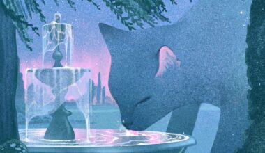an illustration by Masha Foya of a giant cat drinking from a fountain