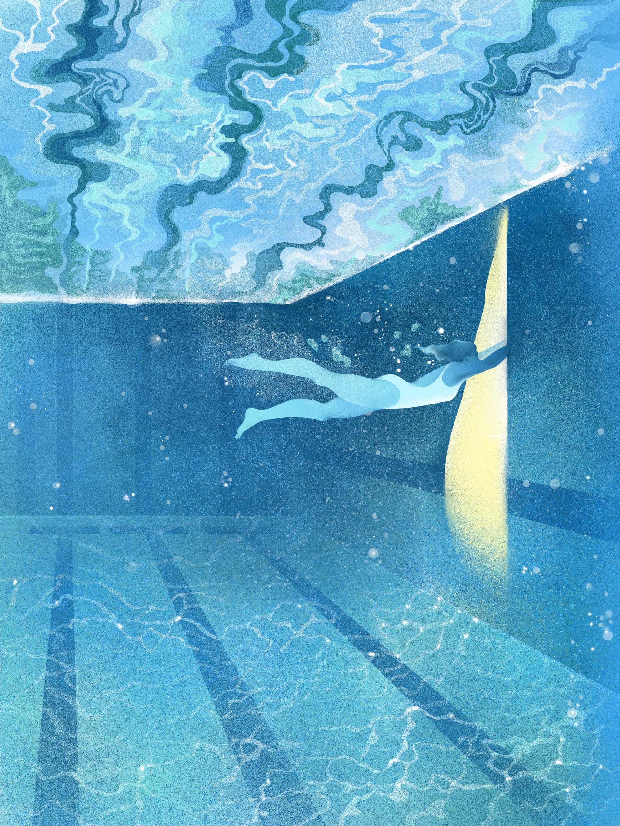 an illustration by Masha Foya of a figure swimming in a pool and going through an open portal