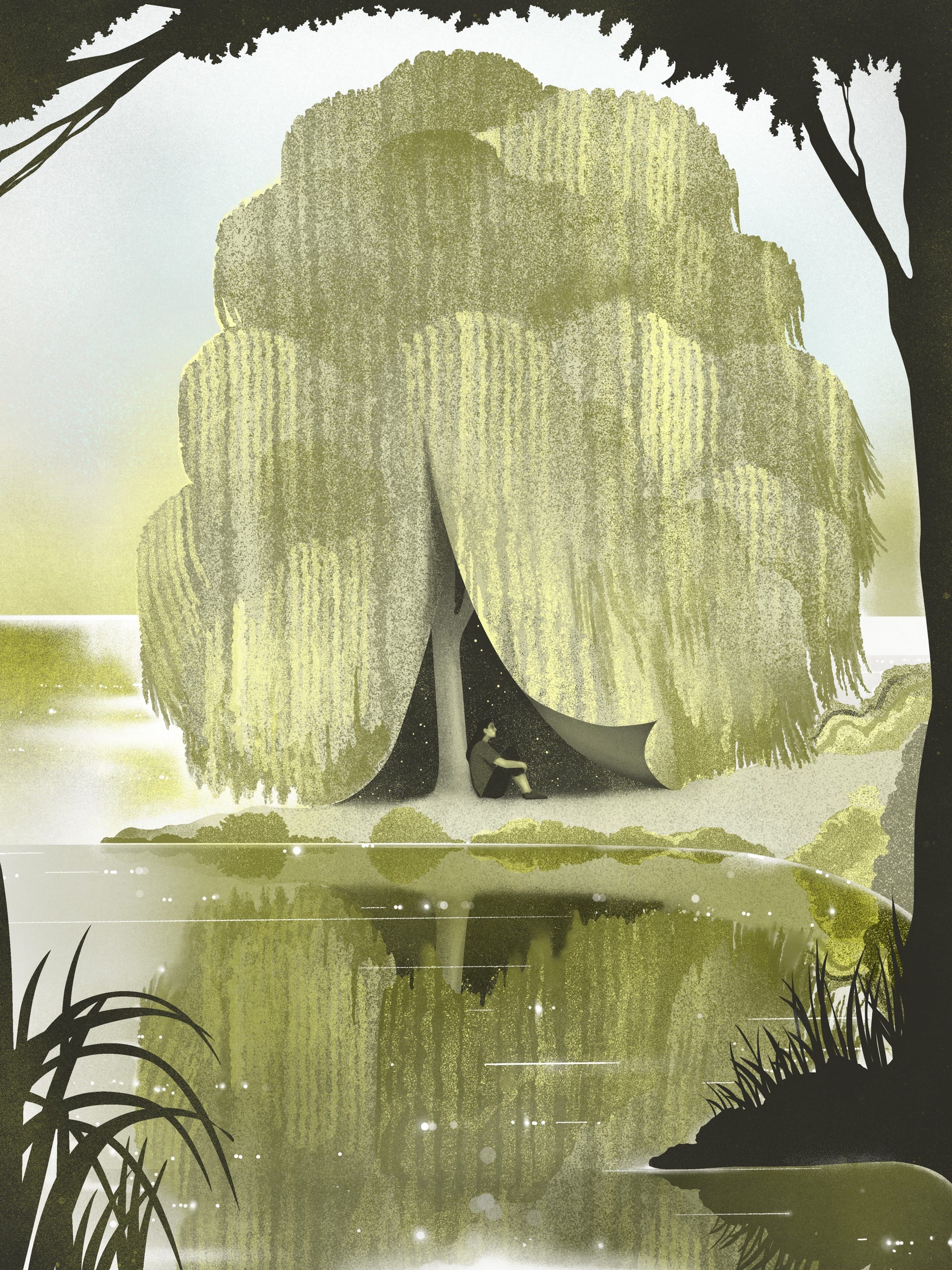 an illustration by Masha Foya of a figure beneath a willow tree