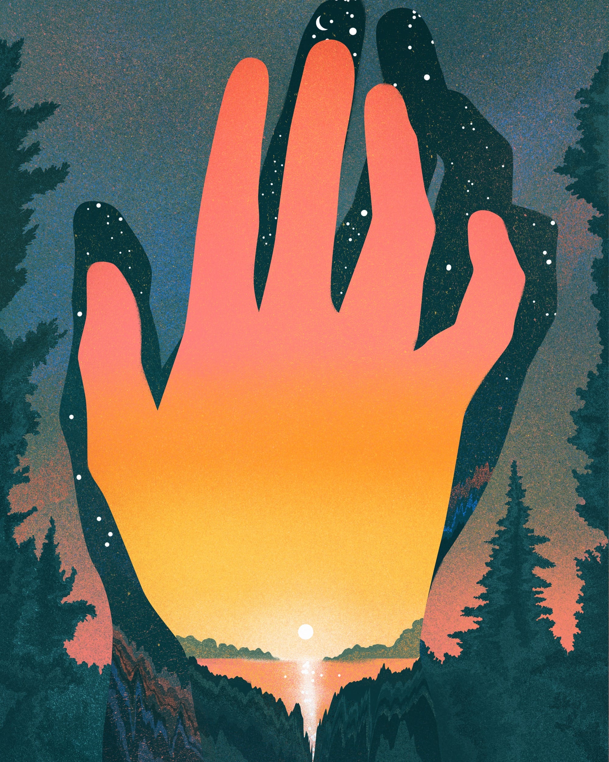 an illustration by Masha Foya of a hand, with a sunset and landscape inside