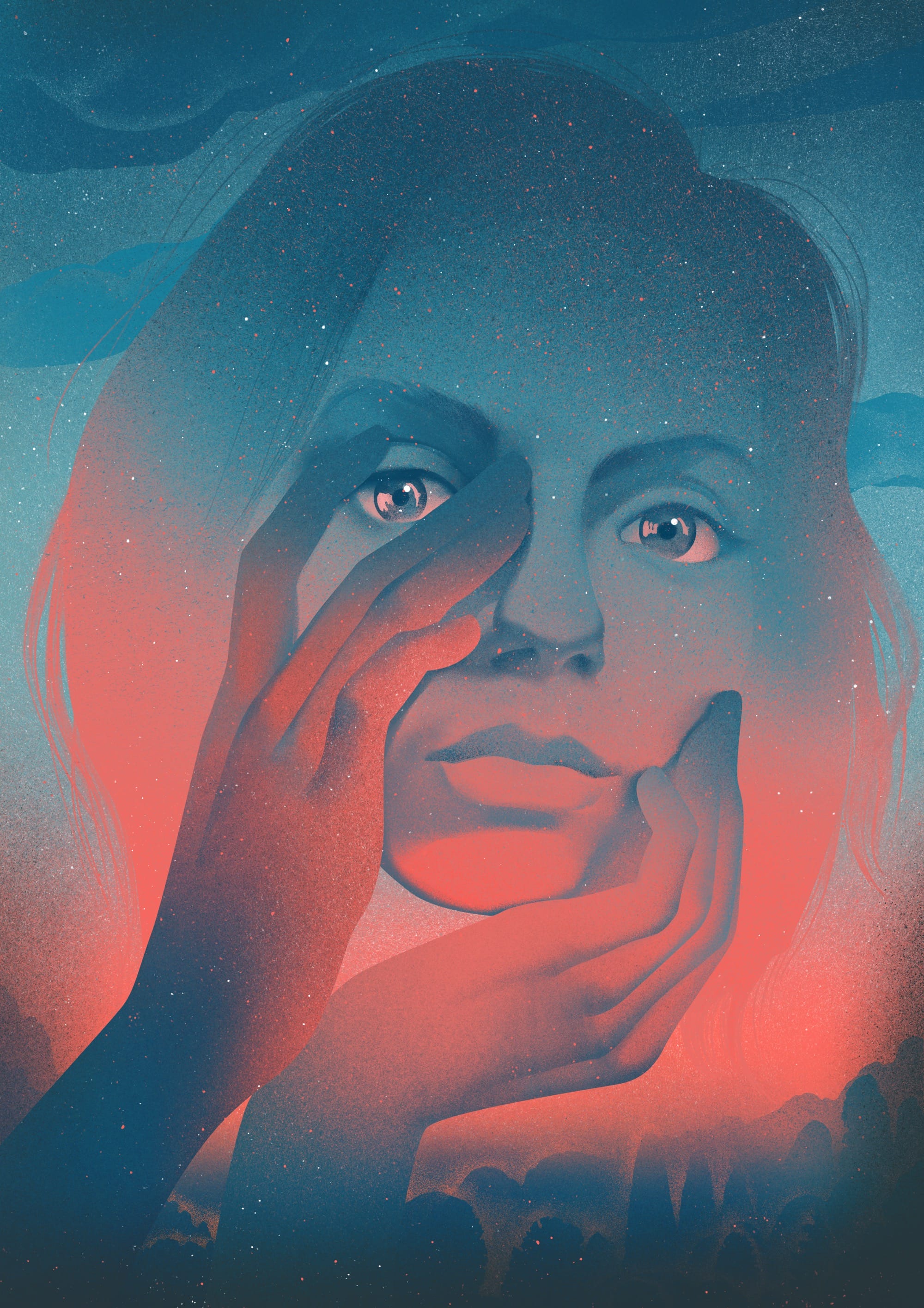 an illustration by Masha Foya of a woman's face and hands with a blue-and-red gradient