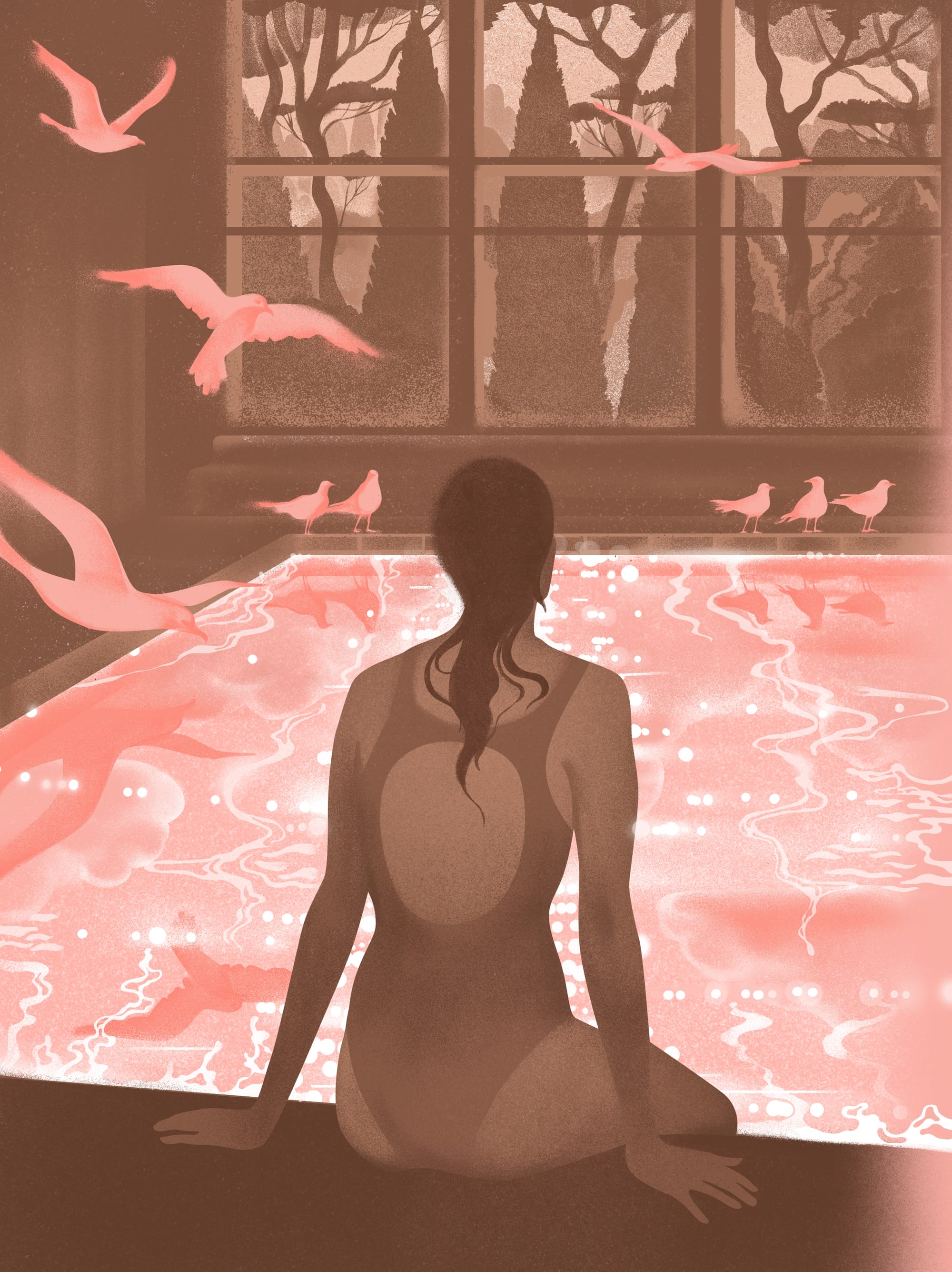 an illustration by Masha Foya of a figure sitting on the edge of a swimming pool