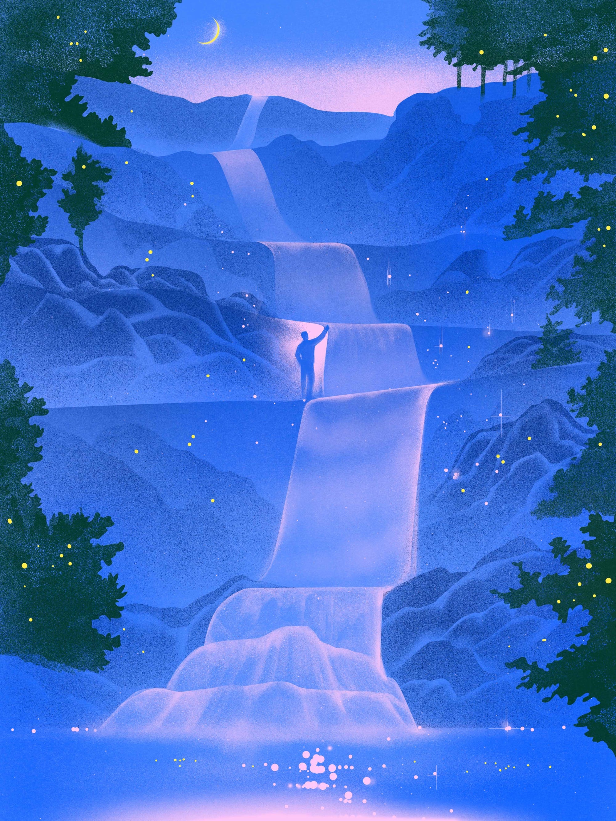 an illustration by Masha Foya of a figure amid a blue waterfall