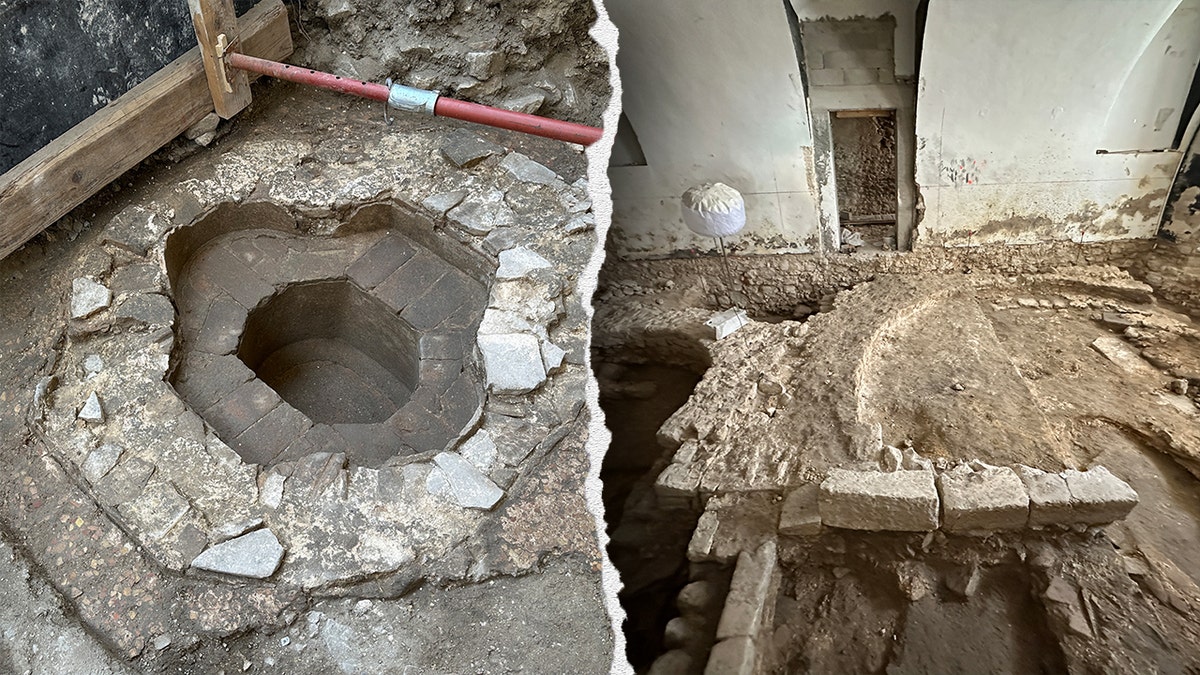 Split image of baptism font, aerial view of excavation site