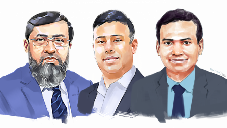 Mohammad Hatem, President, BKMEA (Left), M Masrur Reaz, Chairman, Policy Exchange Bangladesh(Center), Mohammad Abdur Razzaque, Chairman, RAPID(Right). Sketch: TBS