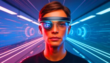 Illustration of a revolutionary VR display integrating holography, waveguides, and AI technology.