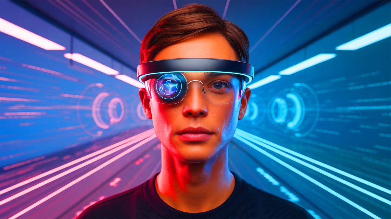 Illustration of a revolutionary VR display integrating holography, waveguides, and AI technology.