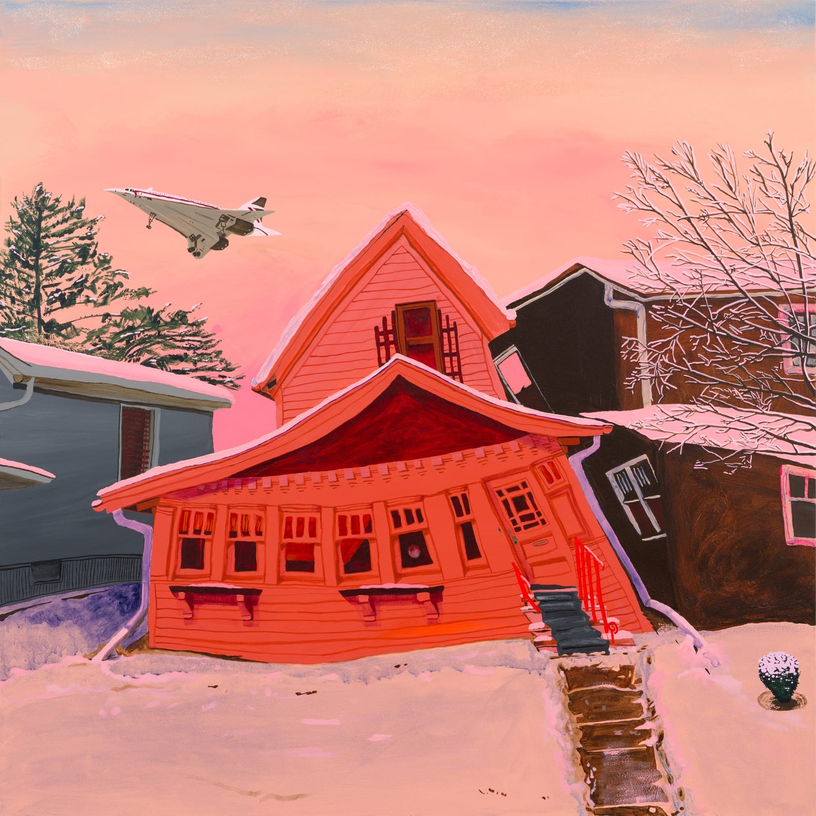 a square-format painting by Gabrielle Garland of a slightly wonky red house with a fighter jet flying overhead