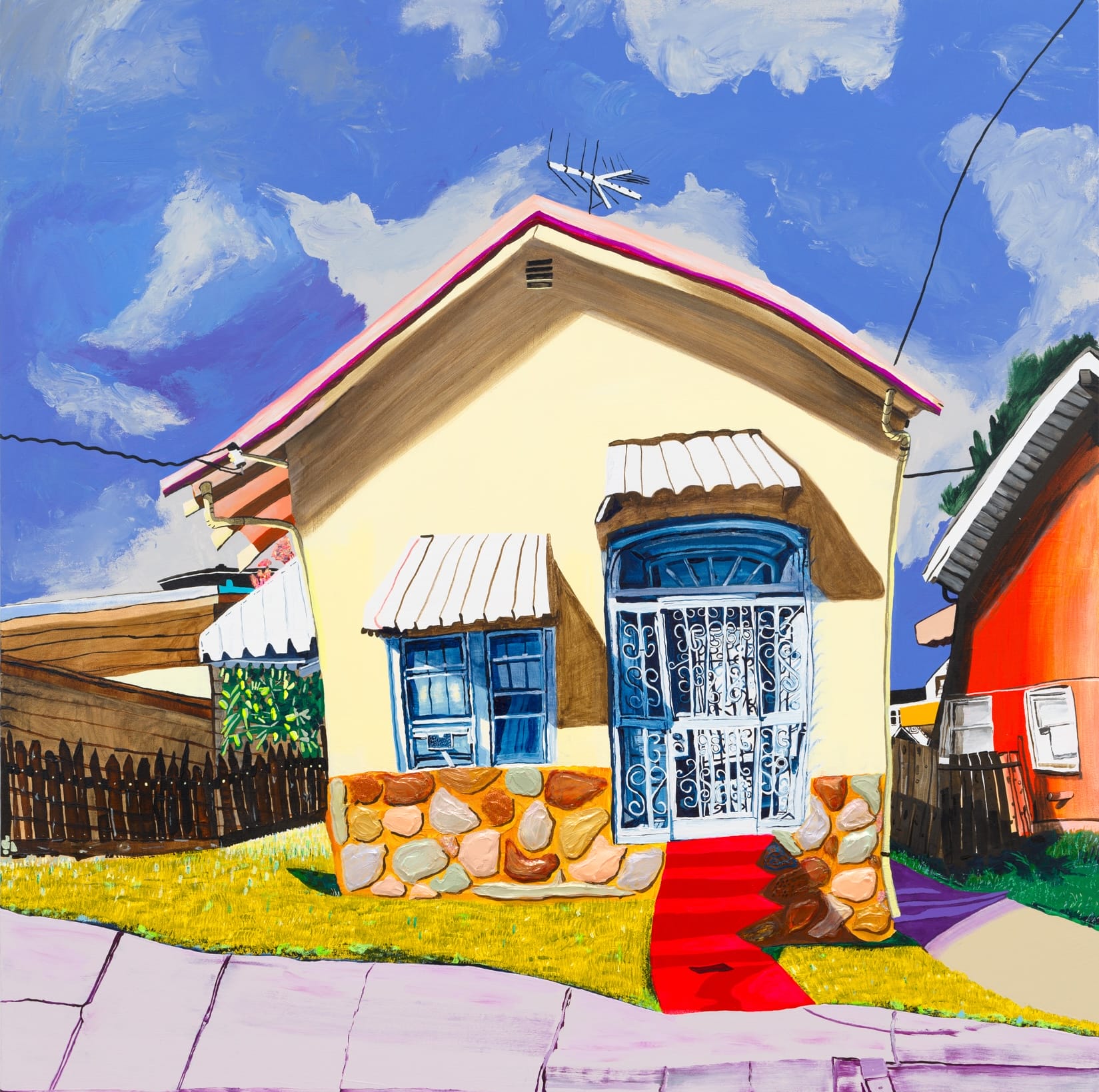 a square-format painting by Gabrielle Garland of a slightly wonky yellow house with red steps