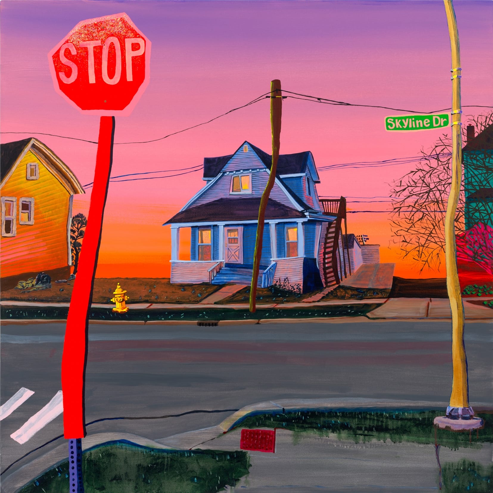 a square-format painting by Gabrielle Garland of a stop sign and a house at an intersection with a pink sky behind it