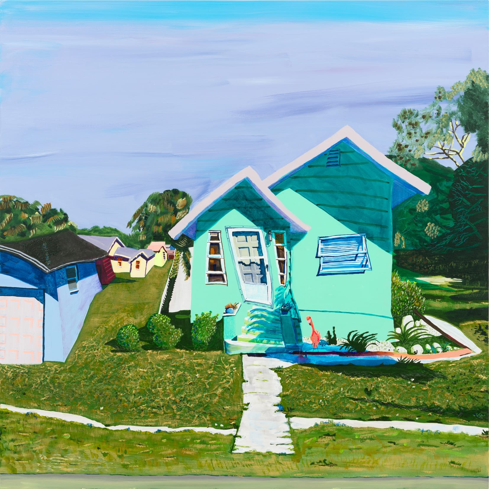 a square-format painting by Gabrielle Garland of a slightly wonky teal house
