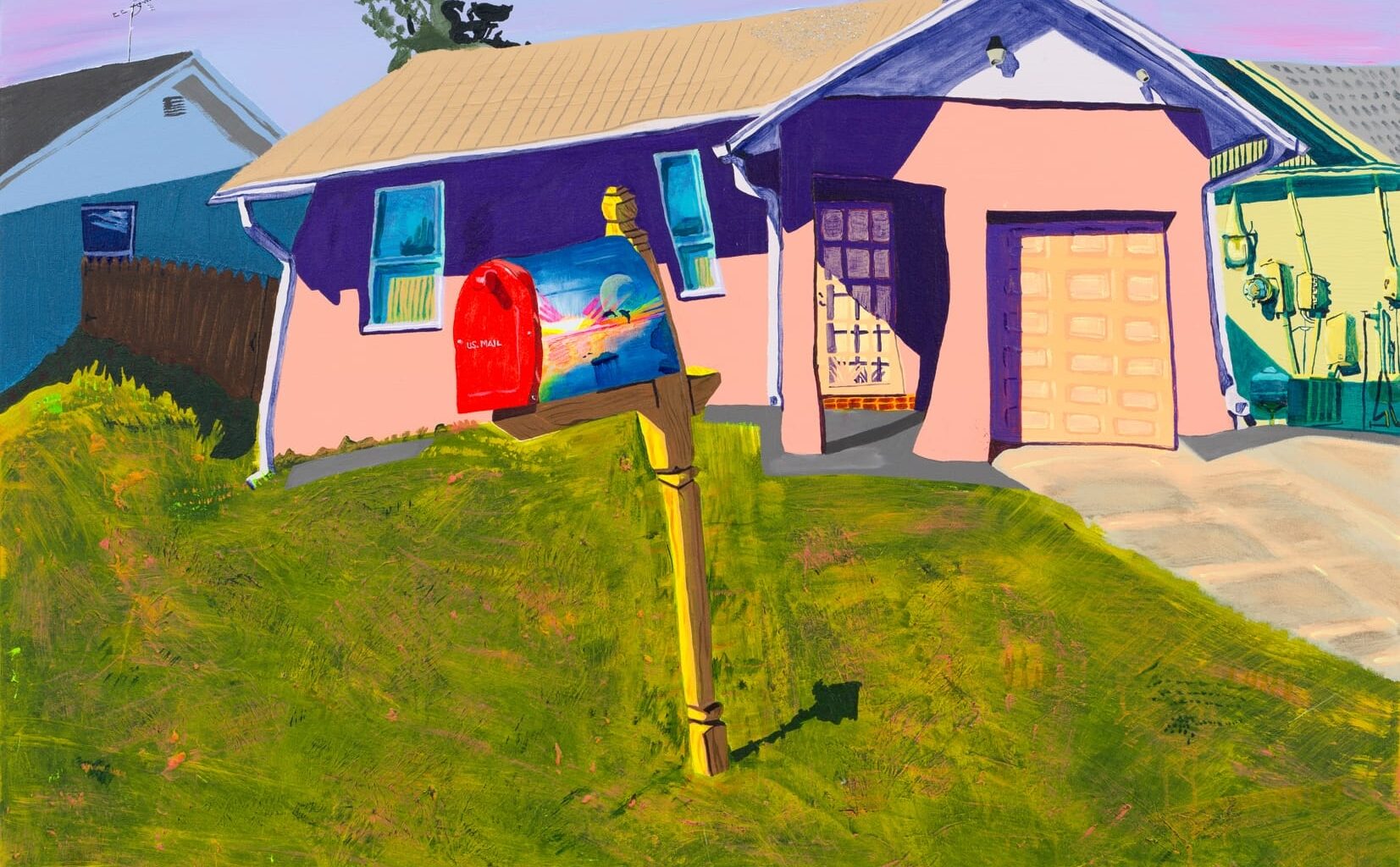 a square-format painting by Gabrielle Garland of a slightly wonky pink house with a painted mailbox in the front yard