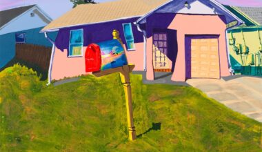 a square-format painting by Gabrielle Garland of a slightly wonky pink house with a painted mailbox in the front yard