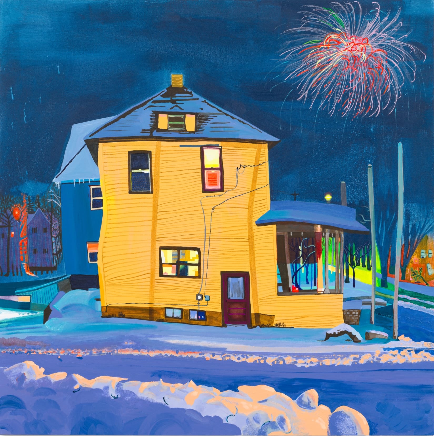 a square-format painting by Gabrielle Garland of a slightly wonky yellow house and fireworks in the sky