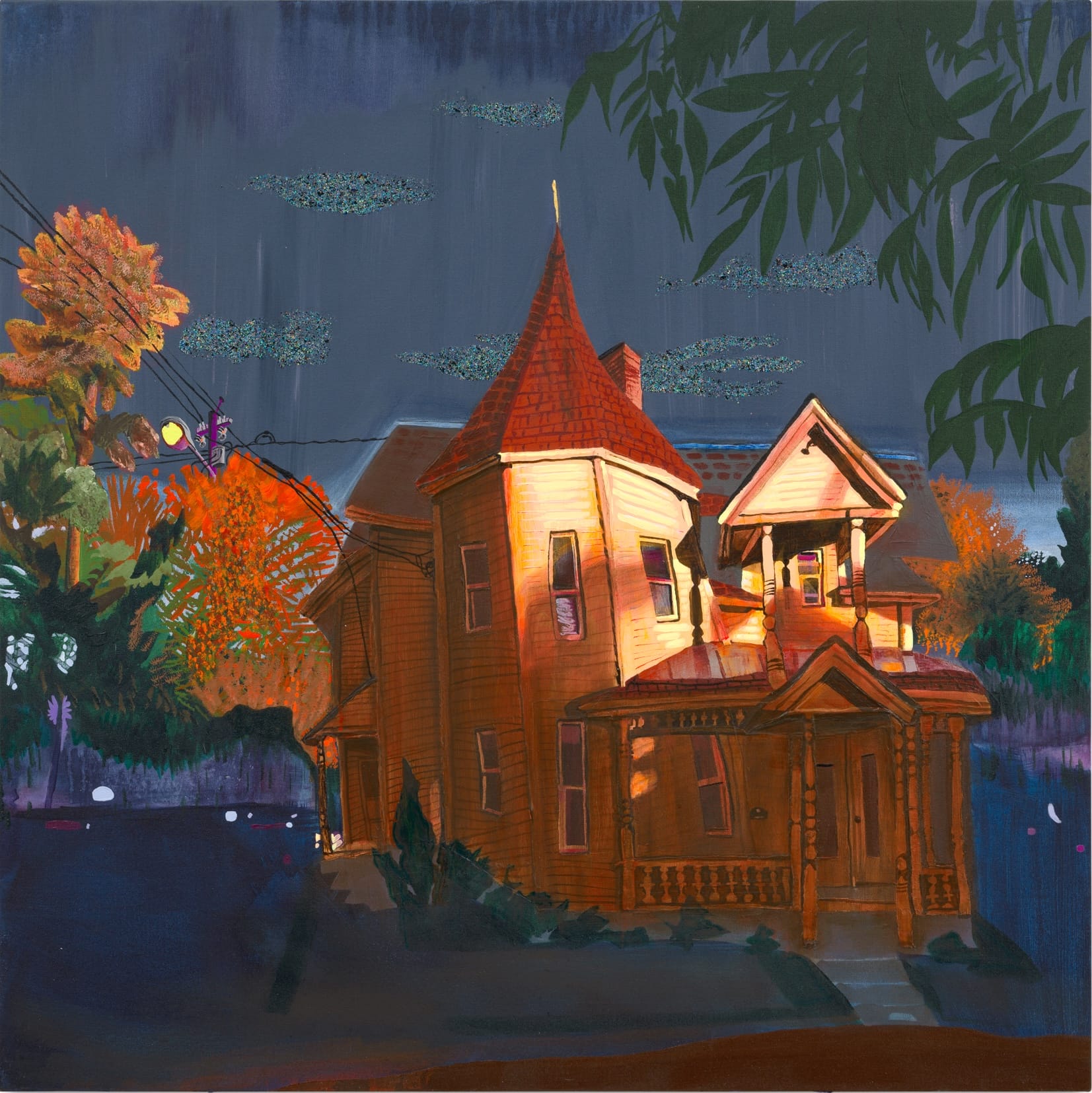 a square-format painting by Gabrielle Garland of a slightly wonky house with a tower against a night sky