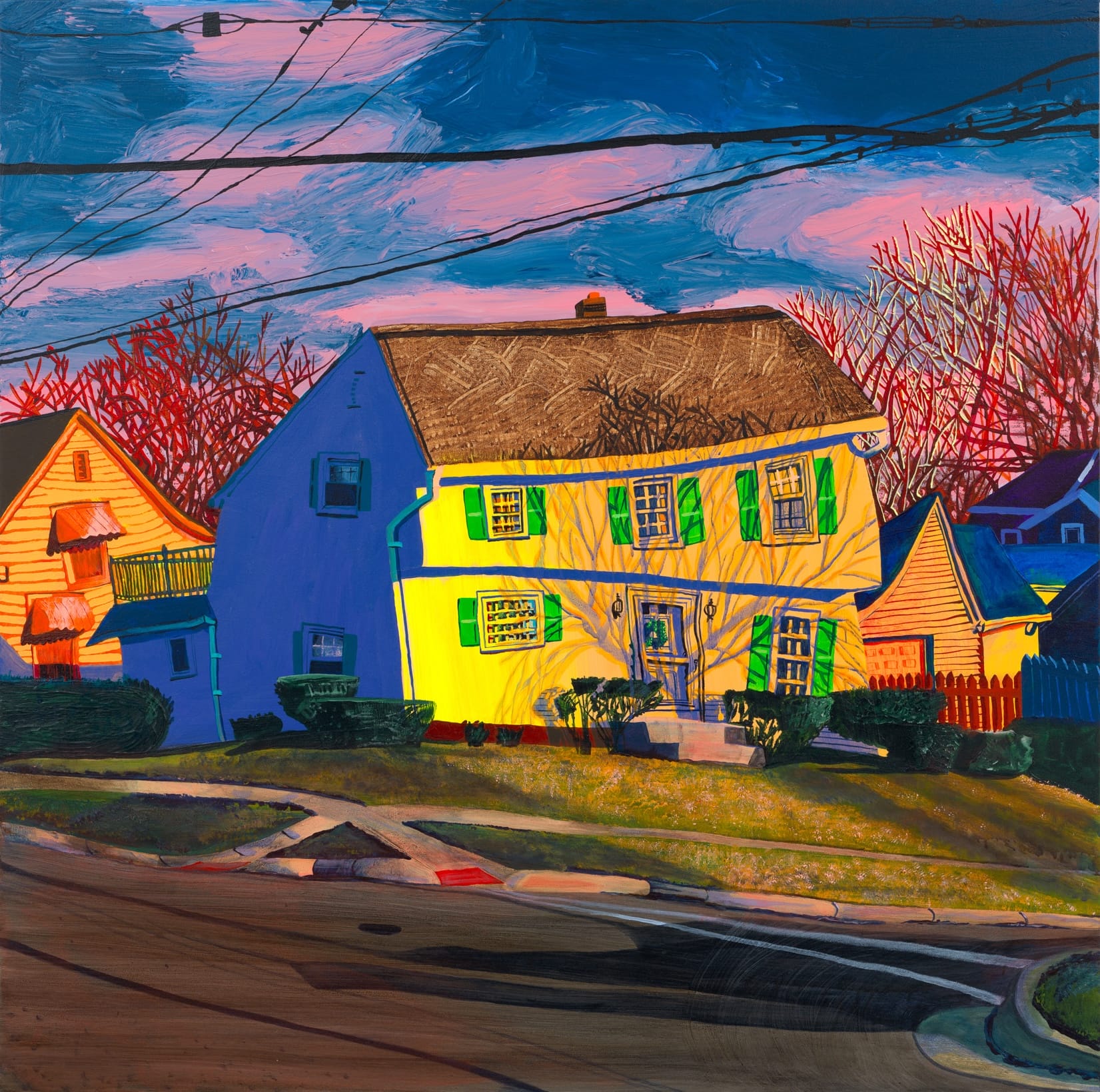 a square-format painting by Gabrielle Garland of a slightly wonky yellow house