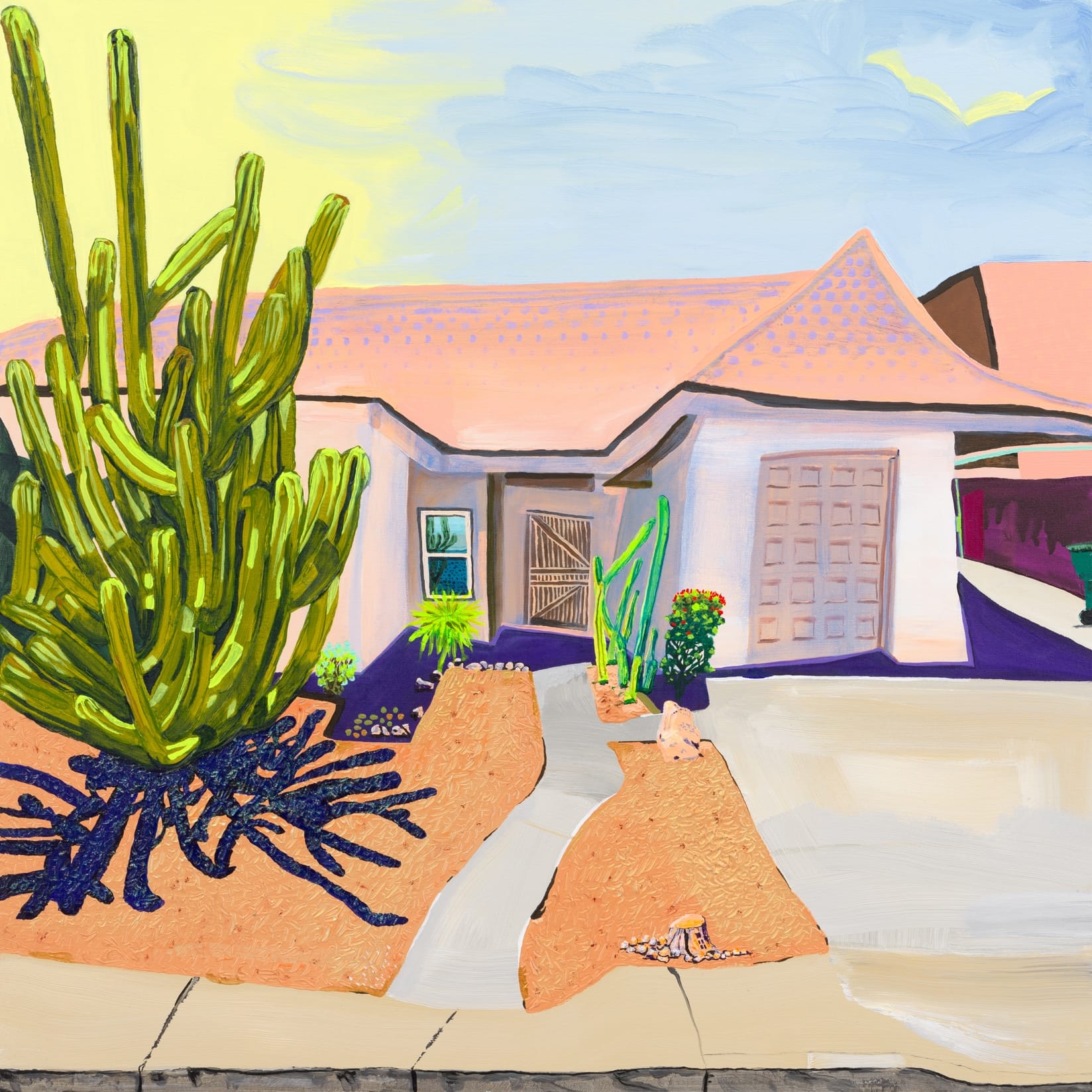a square-format painting by Gabrielle Garland of a slightly wonky white house with a cactus in the front yard